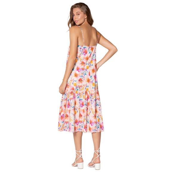 Lavender Brown Kai Midi Dress Floral Spaghetti Adjustable Strap Ruffle Hem Small - Picture 4 of 5